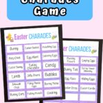 Preview of two pages of Easter charades printable cards on a light pink background. Top part has white text on blue that says Easter Charades Game.