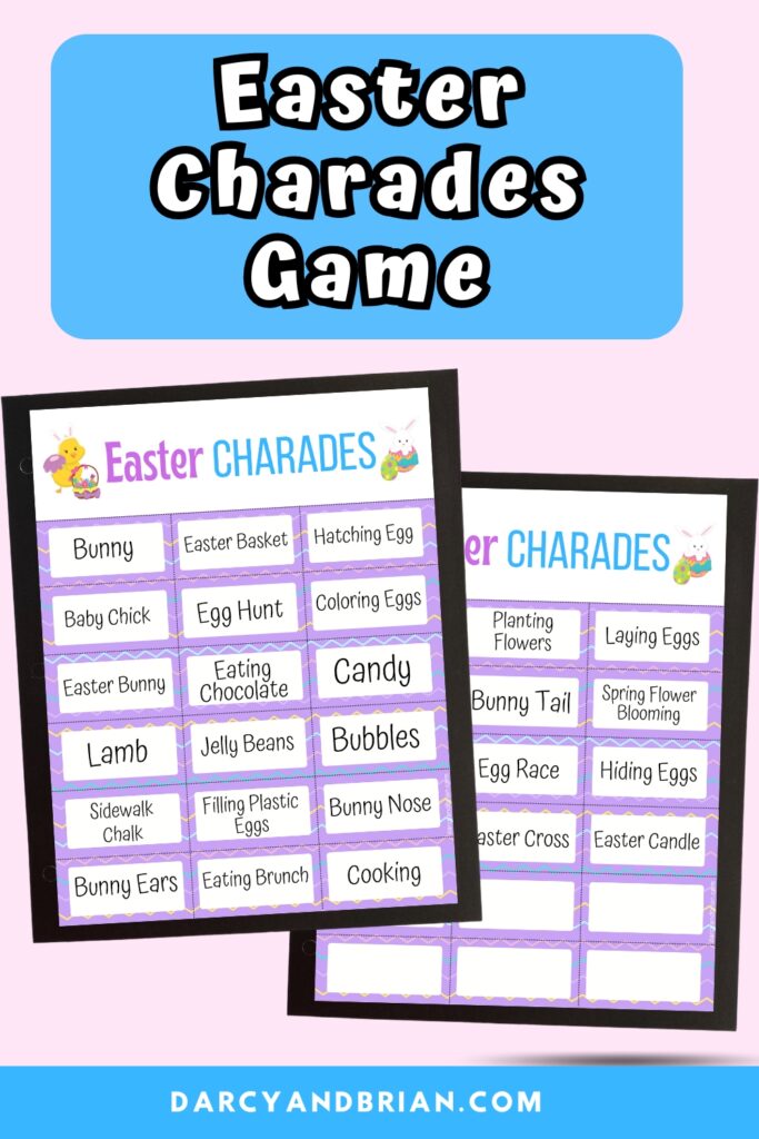 Preview of two pages of Easter charades printable cards on a light pink background. Top part has white text on blue that says Easter Charades Game.