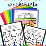 Mockup with two black and white pages and one filled in with color. A rainbow of crayons lined up along the bottom. The top says Easter Color By Number Worksheets.