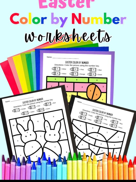 Mockup with two black and white pages and one filled in with color. A rainbow of crayons lined up along the bottom. The top says Easter Color By Number Worksheets.