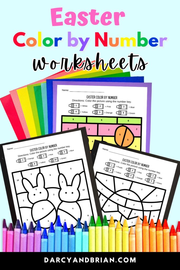 Mockup with two black and white pages and one filled in with color. A rainbow of crayons lined up along the bottom. The top says Easter Color By Number Worksheets.