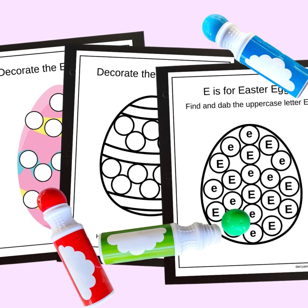 Three dot marker pages with Easter eggs on them. One in color with white dots for kids to fill, one black and white, and one with letters in the dots. Red, green, and blue dot markers lay across the pages.