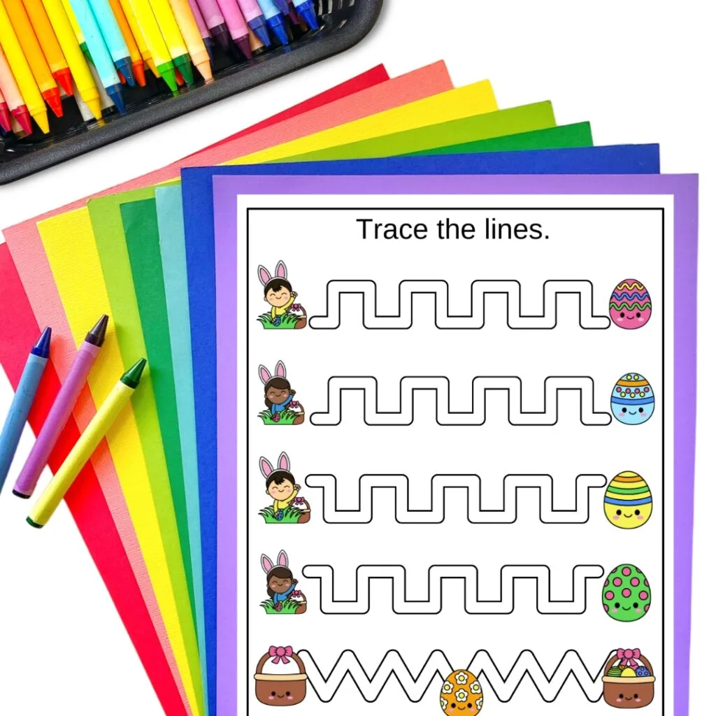 One page with line paths for kids to draw lines. Cute Easter themed images are on each side of the line paths.
