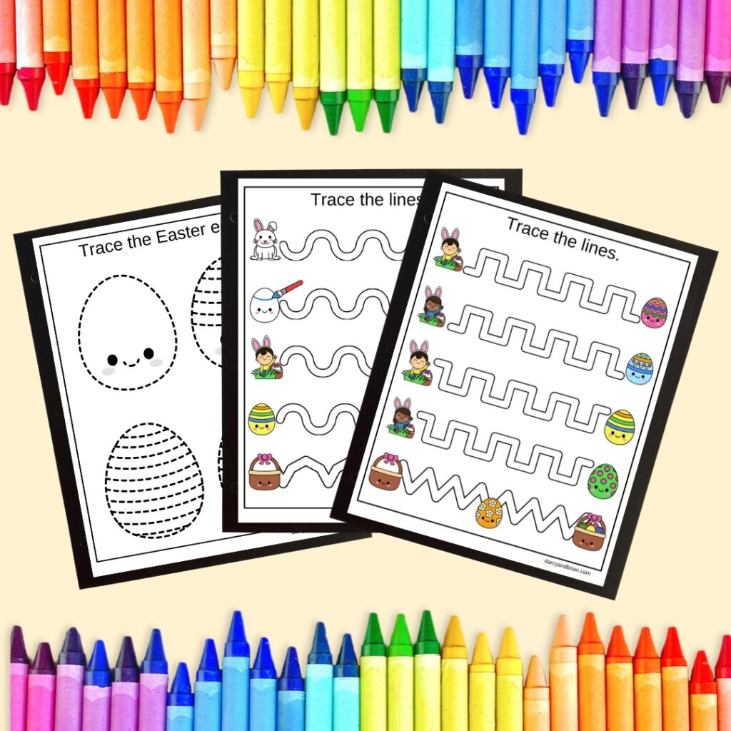 Three pages of Easter themed tracing worksheets fanned out over a light orange background. Crayons decorate along the top and bottom of the image.