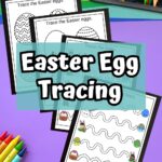 Four worksheets with Easter tracing lines fanned out over purple paper. White text on light blue in the center says Easter Egg Tracing.