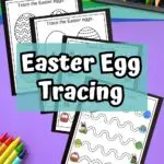 Four worksheets with Easter tracing lines fanned out over purple paper. White text on light blue in the center says Easter Egg Tracing.
