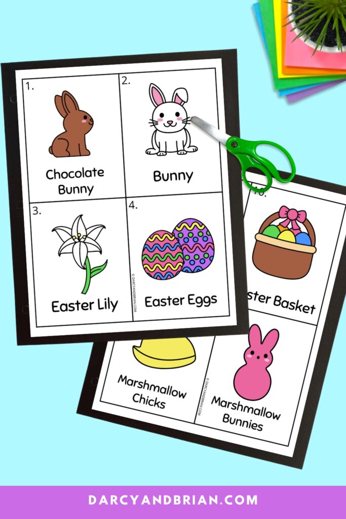 Two pages of scavenger hunt cards featuring colorful Easter themed items along with words.