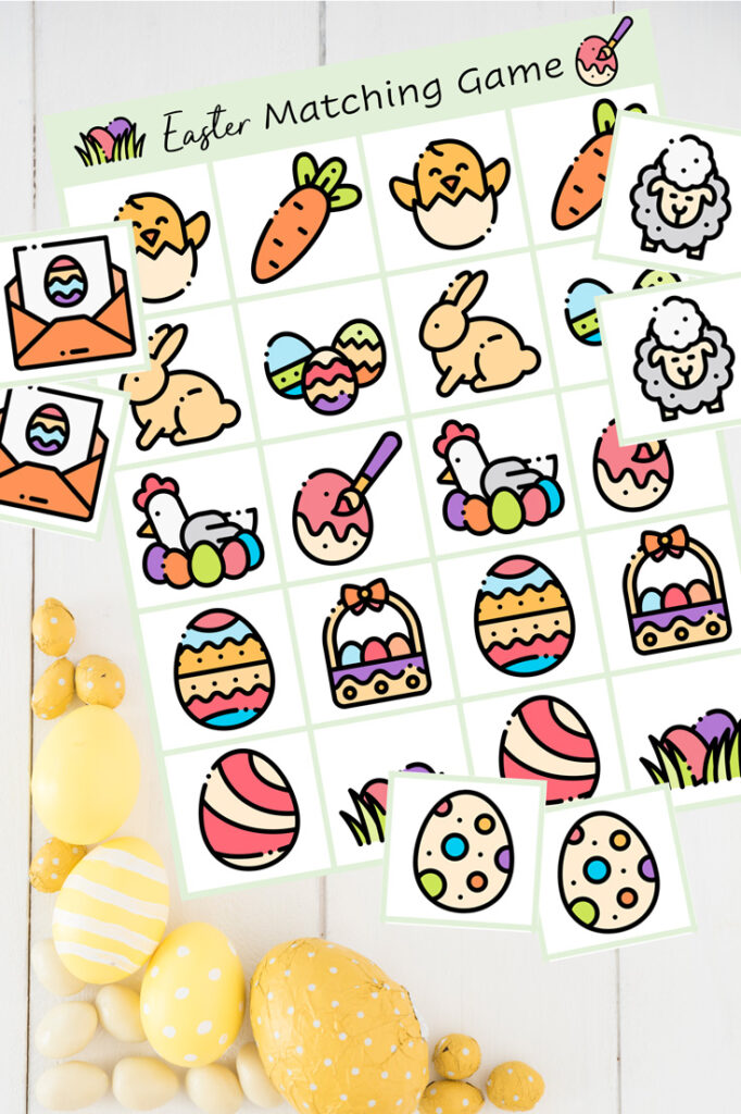 Mockup of one page of the game and some of the Easter egg cards on a background with yellow eggs and white wood table.