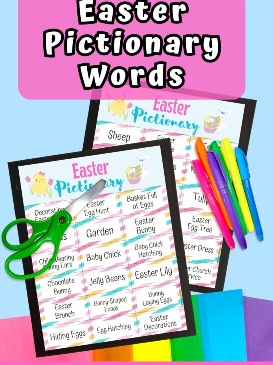 Mockup of printable Easter themed Pictionary game words laying on top of colorful construction paper. Pair of green handled scissors and markers laying over the pages. Name of game is at the top on a pink box.