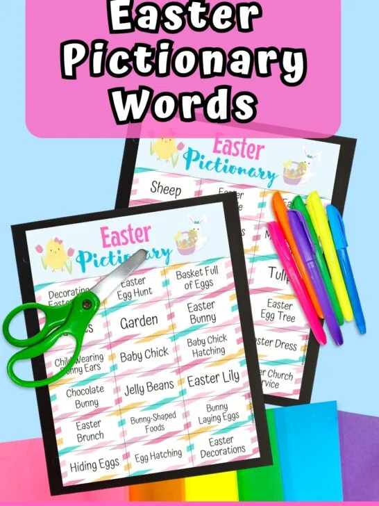 Mockup of printable Easter themed Pictionary game words laying on top of colorful construction paper. Pair of green handled scissors and markers laying over the pages. Name of game is at the top on a pink box.