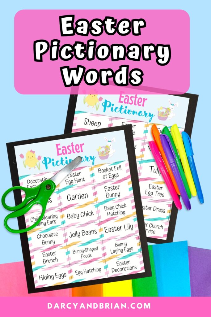 Mockup of printable Easter themed Pictionary game words laying on top of colorful construction paper. Pair of green handled scissors and markers laying over the pages. Name of game is at the top on a pink box.