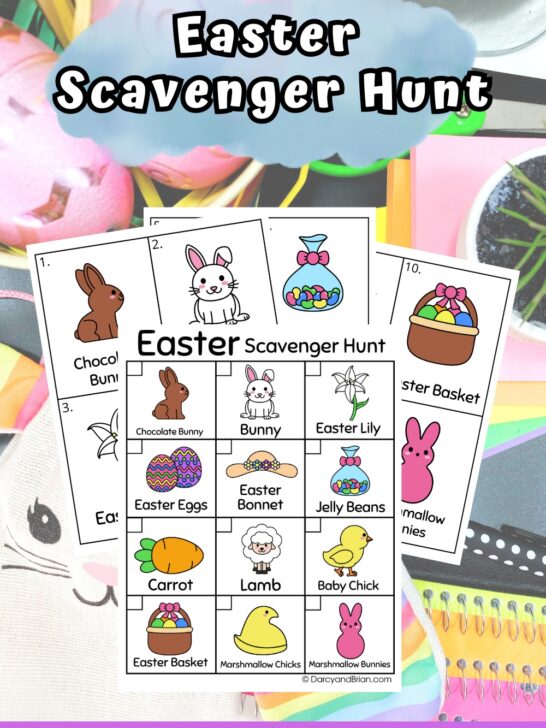 Preview images of Easter themed scavenger hunt pages on a background with a variety of Easter items.
