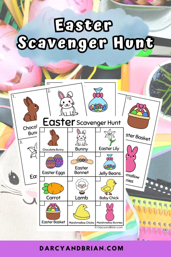 Preview images of Easter themed scavenger hunt pages on a background with a variety of Easter items.
