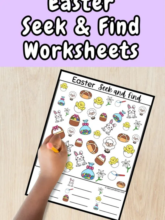 White text on light purple background at the top says Easter Seek & Find Worksheets. An image of a colorful page with Easter related illustrations on it and a child's hand holding a pencil over the page.