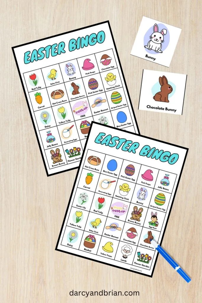 Preview image of two Easter bingo game boards with two of the calling cards laying next to them for bunny and chocolate bunny.