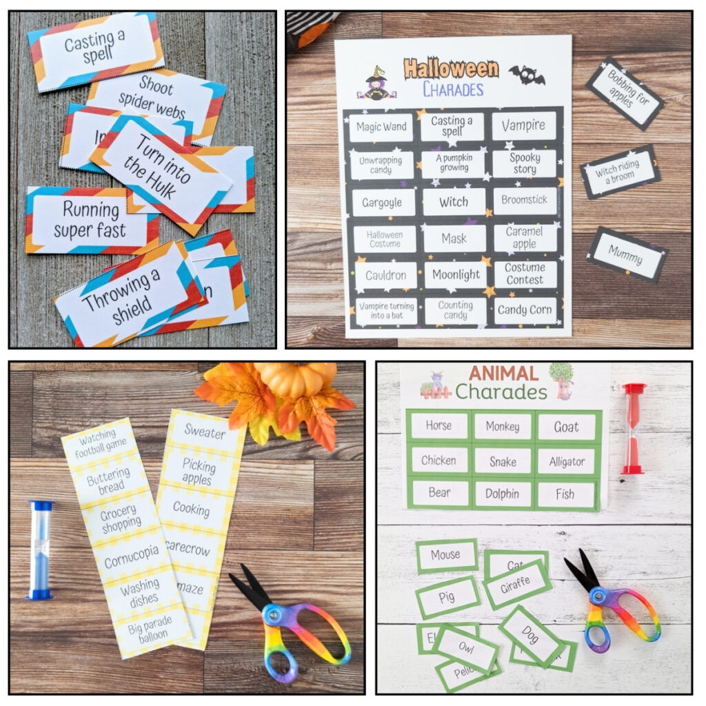 Photos of four different sets of our printable charades games printed and cut out. Some photos have scissors and sand timers with the pile of cards. Themes shown are superhero, Halloween, Thanksgiving, and animals.