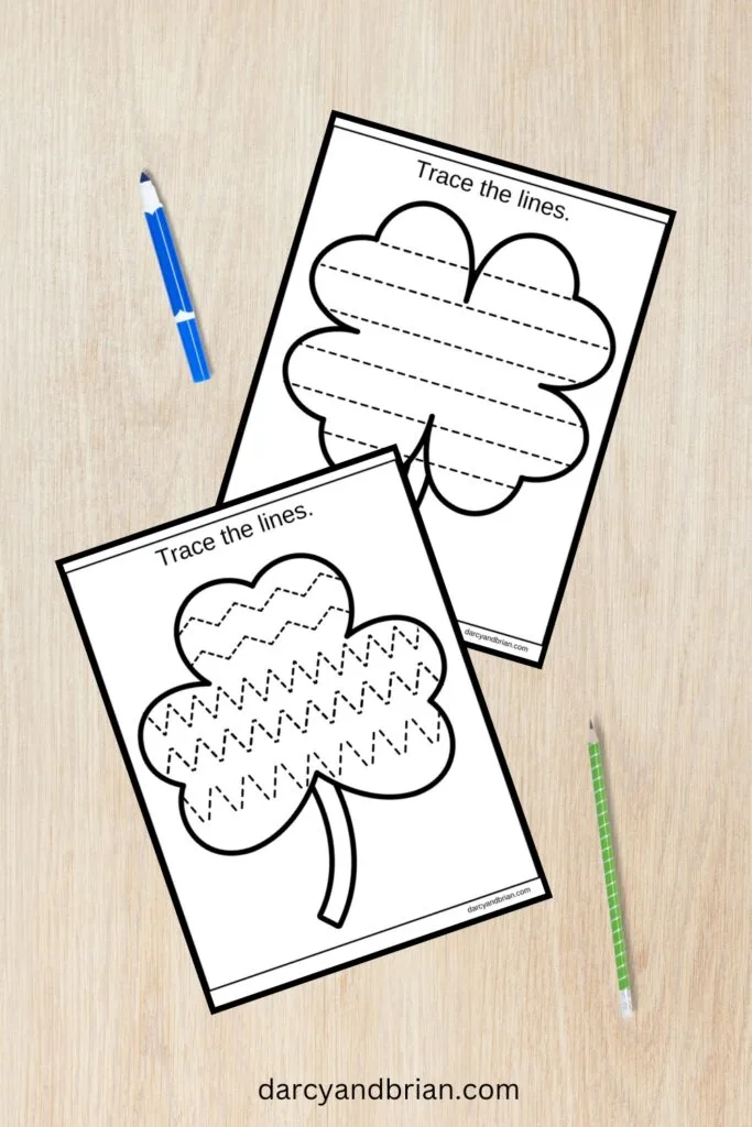 Two pages with wavy and zigzag line tracing inside shamrock outlines.