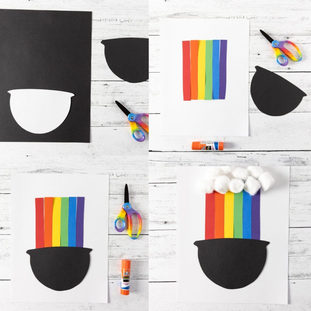 Collage of four steps of the craft showing tracing and cutting out the black pot, assembling the rainbow, gluing on the pot, and adding cotton ball cloud.