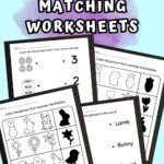 Preview of Easter themed matching worksheets on a light blue background. White text on purple brush stroke that says Easter Matching Worksheets.