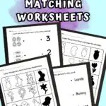 Preview of Easter themed matching worksheets on a light blue background. White text on purple brush stroke that says Easter Matching Worksheets.