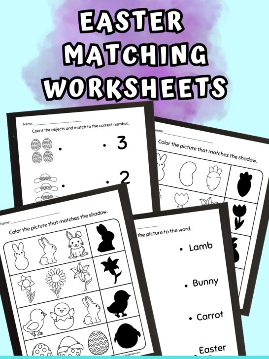 Preview of Easter themed matching worksheets on a light blue background. White text on purple brush stroke that says Easter Matching Worksheets.