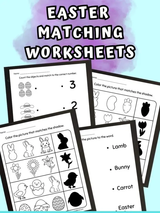 Preview of Easter themed matching worksheets on a light blue background. White text on purple brush stroke that says Easter Matching Worksheets.