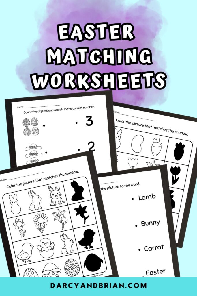 Preview of Easter themed matching worksheets on a light blue background. White text on purple brush stroke that says Easter Matching Worksheets.
