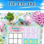 Top of image has Easter Tic Tac Toe in pink and black text over a blue background. Below that is a mockup of the Easter themed tic tac toe game board laying on a pastel plaid cardstock with Easter eggs around it.