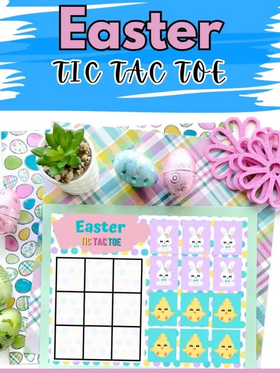 Top of image has Easter Tic Tac Toe in pink and black text over a blue background. Below that is a mockup of the Easter themed tic tac toe game board laying on a pastel plaid cardstock with Easter eggs around it.