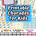 Collage image with eight different themes of charades game cards. White text outlined in black on a light blue background in the center says Printable Charades for Kids.