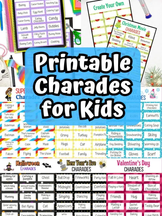 Collage image with eight different themes of charades game cards. White text outlined in black on a light blue background in the center says Printable Charades for Kids.