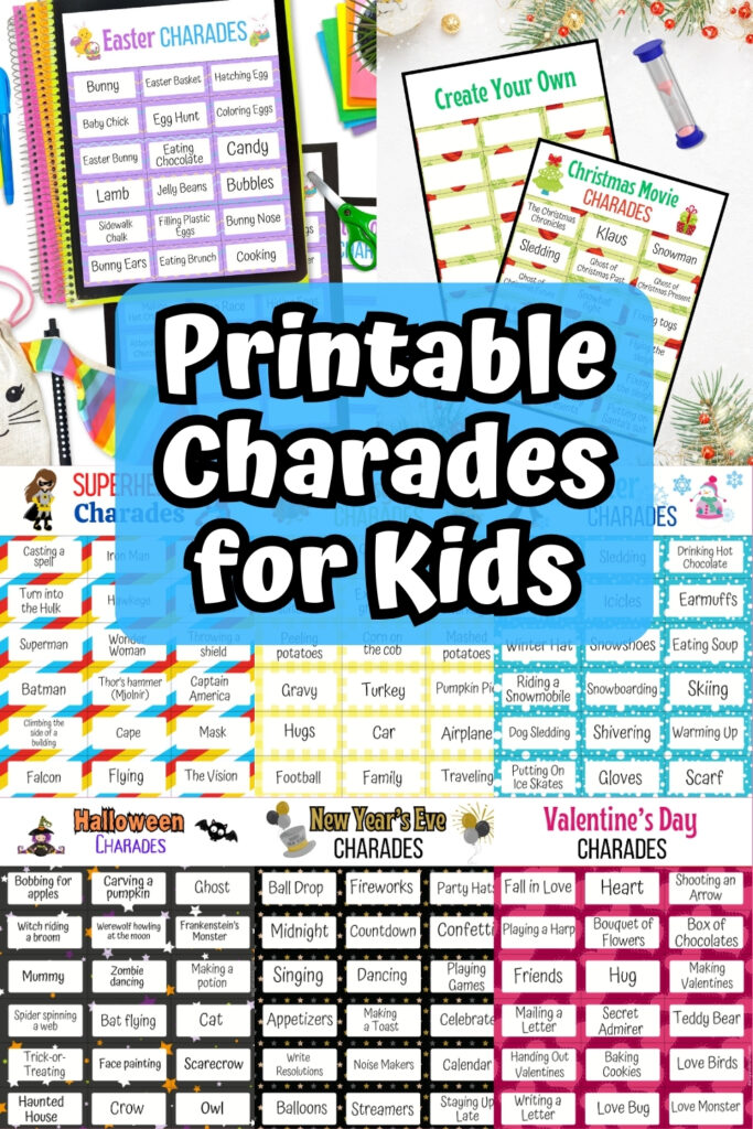Collage image with eight different themes of charades game cards. White text outlined in black on a light blue background in the center says Printable Charades for Kids.