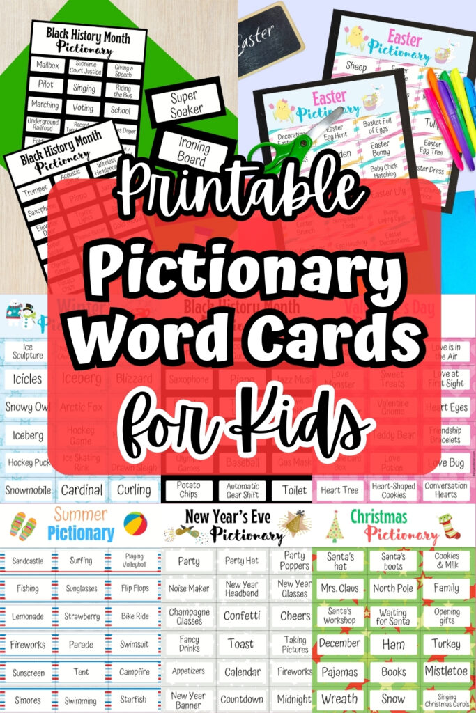 Collage image of eight different themes of printable Pictionary word lists for kids.