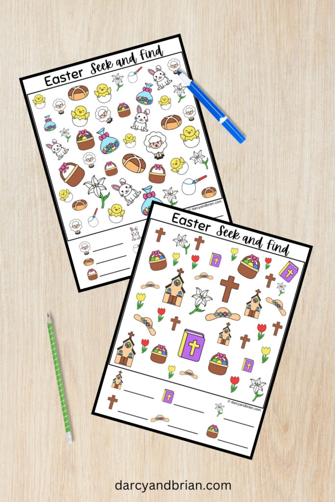 Easter themed seek and find printable worksheets overlapping each other. One has religious symbols included in the activity and the other one does not.