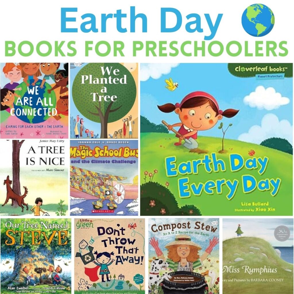 Assorted Earth Day picture books in a square collage.