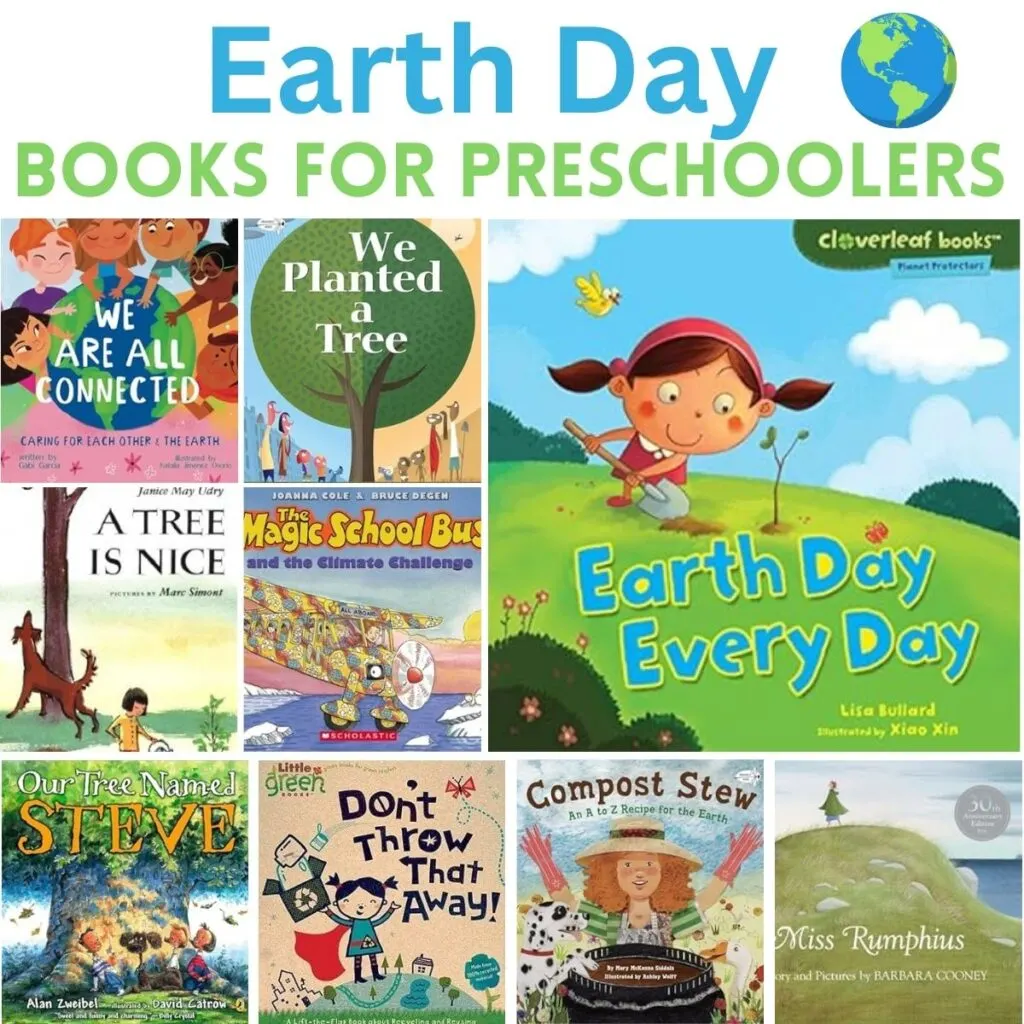 Assorted Earth Day picture books in a square collage.