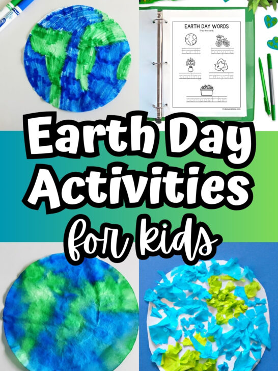 Collage with Earth themed craft projects and worksheets about Earth Day.