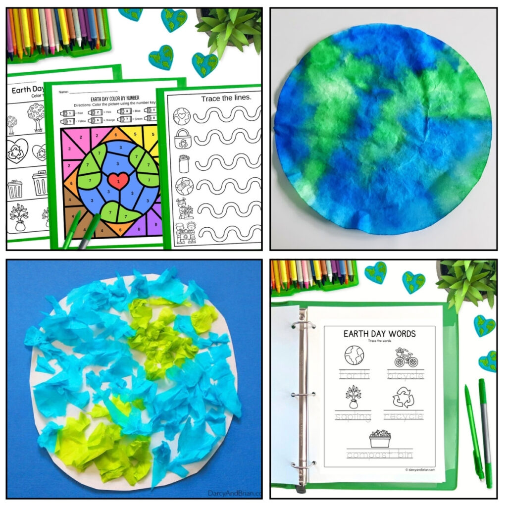 Activity pages and globe themed crafts for kids to do on Earth Day.