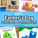 Collage of four different preschool crafts for Father's Day. Featuring a popsicle stick box, tool box card, popsicle card, and a bowtie card craft.