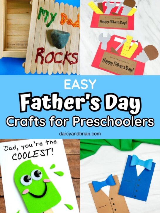 Collage of four different preschool crafts for Father's Day. Featuring a popsicle stick box, tool box card, popsicle card, and a bowtie card craft.