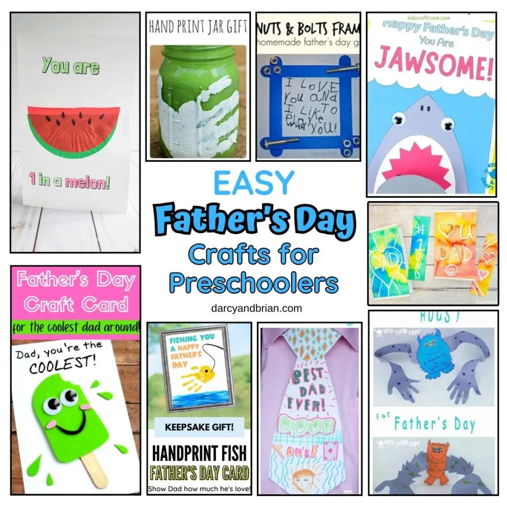 Square collage featuring a variety of Father's Day projects little kids can make. Includes card crafts with watermelon pun, popsicle, shark, handprint fish, tie, and watercolor painting. Also a simple picture frame craft, handprint mason jar, and monster hug.