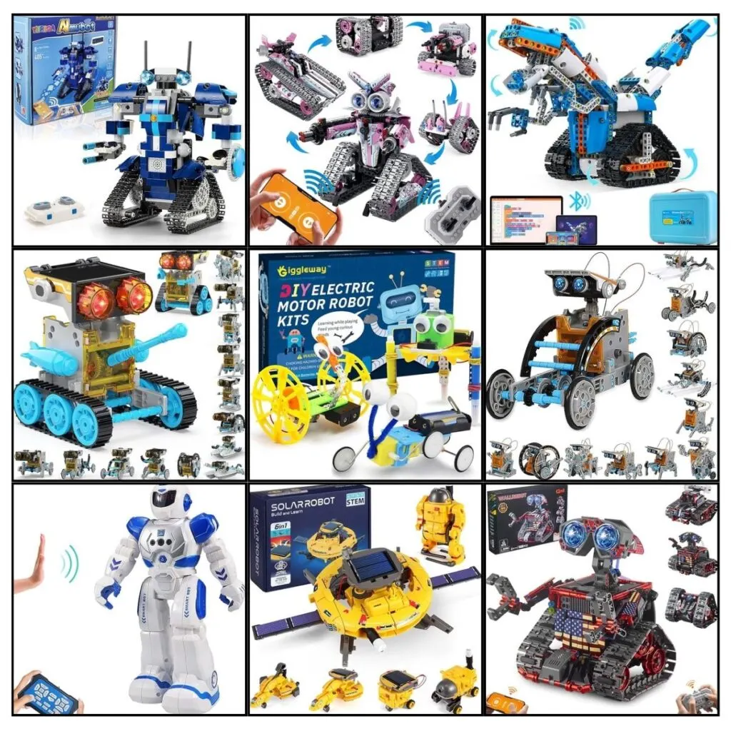 Collage of 9 different robotics kits for kids to assemble.