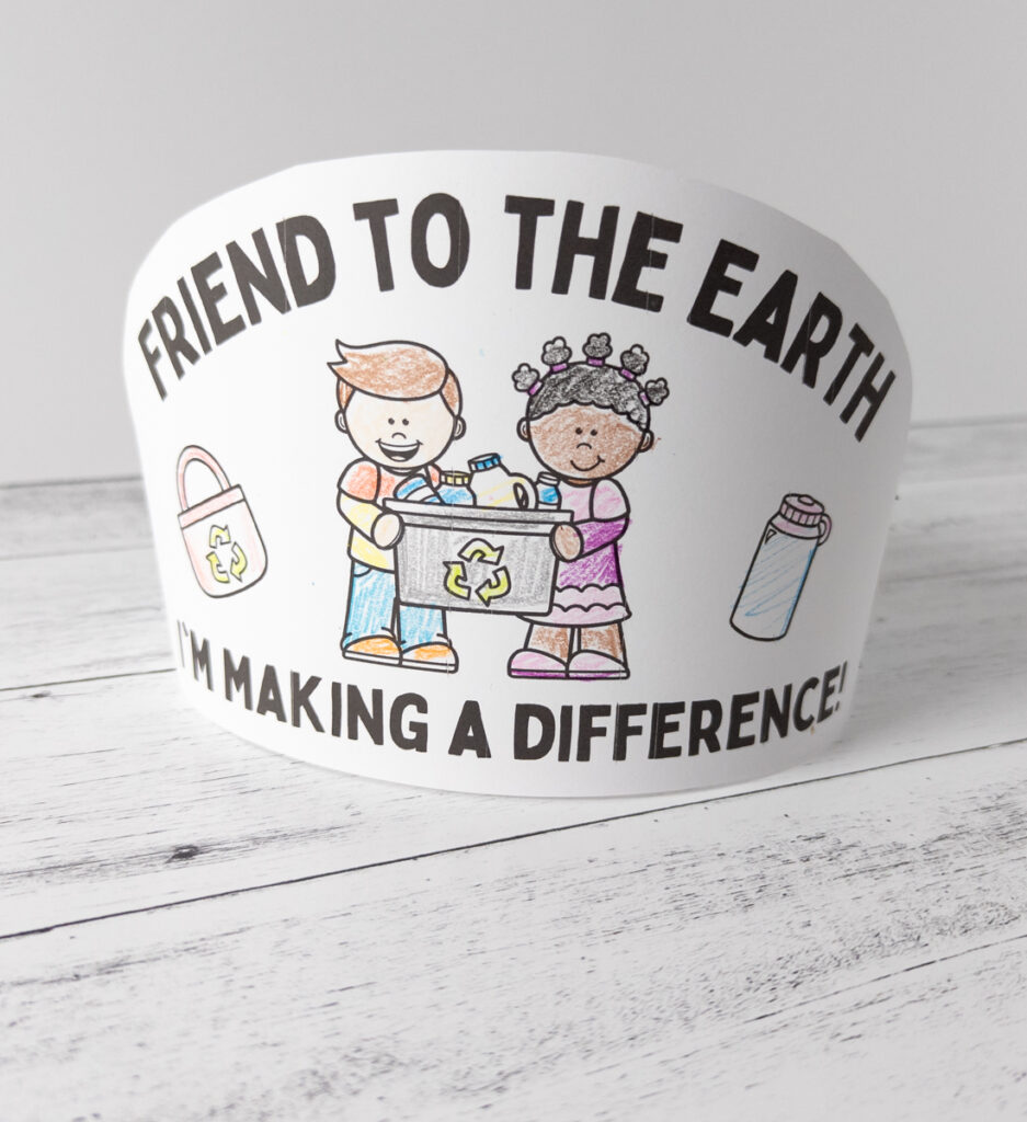 Printable paper headband craft showing kids recycling and a message about making a difference.