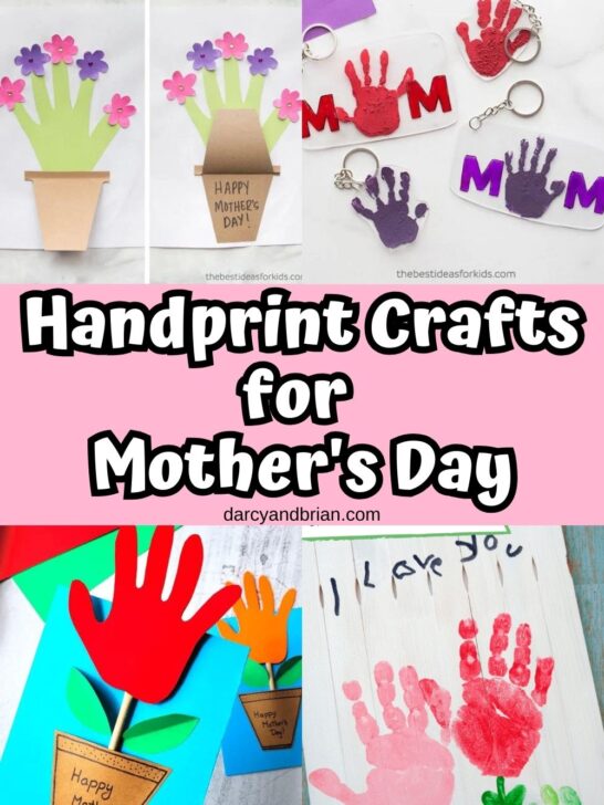 Collage of four different Mother's Day craft projects made using kids' handprints.