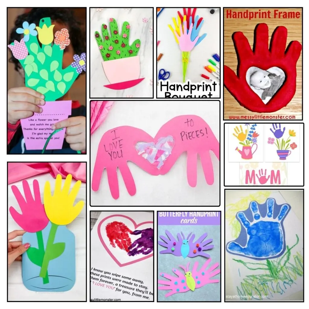 10 different kids crafts for Mother's Day. Each one features a handprint or hand shape.