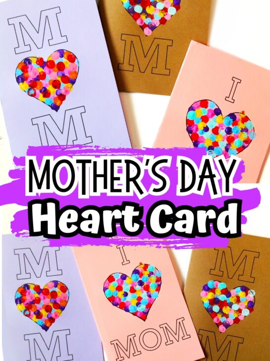 Two different designs of Mother's Day heart cards printed on purple, pink, and gold card stock with a variety of colored fingerprints filling the heart shape.