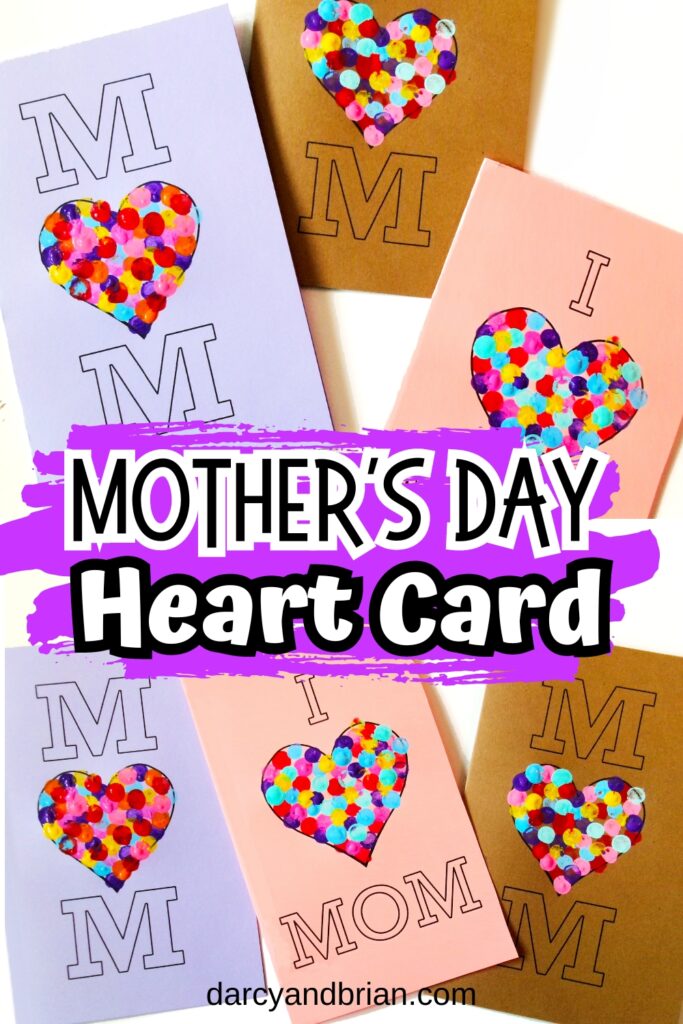 Two different designs of Mother's Day heart cards printed on purple, pink, and gold card stock with a variety of colored fingerprints filling the heart shape.