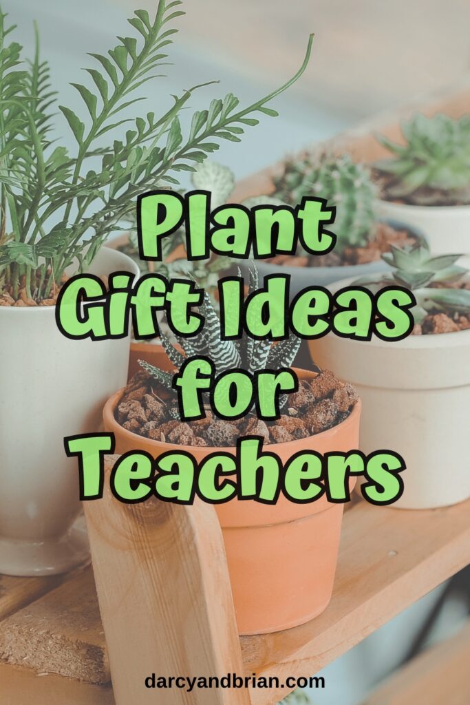 Green text in the center says Plant Gift Ideas for Teachers over a background with several potted indoor plants.