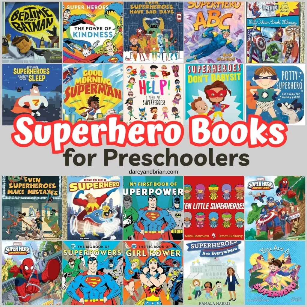 Collage of lots of superhero themed book covers suitable for preschool children.