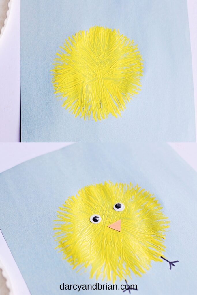 Top shows textured paint in a fuzzy yellow ball shape. Bottom shows two small googly eyes and a small orange paper beak added to the center of the yellow ball. Black marker used to add legs and feet to create baby chicken.